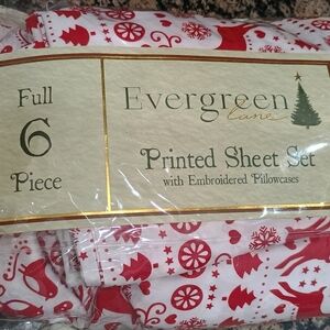 Christmas Evergreen Lane Red and White Reindeer Embroidered Full Sheet Set